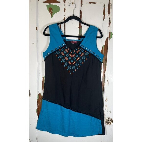 Coline Womens Size M Ethnic Shift Dress Blue Black Two Tone & Tassel Braid Trim - Picture 3 of 8